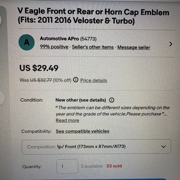 V Eagle NWT set of front & rear/Horn cap Emblem (Fits 2011-2016 Veloster & Turbo - Picture 11 of 11